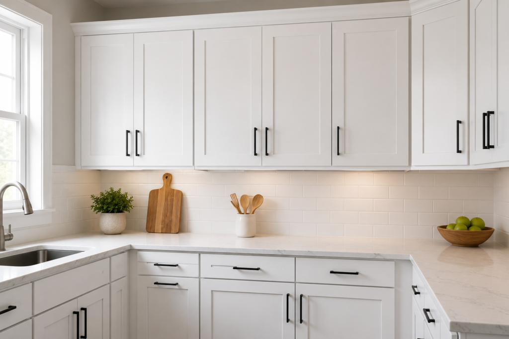 Modern kitchen cabinets professionally painted by Ridgecrest Painting Co. in Douglasville, GA.